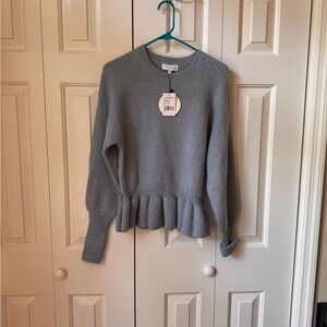 Lost + Wander Blue Crew Neck Sweater with Peplum Ruffle